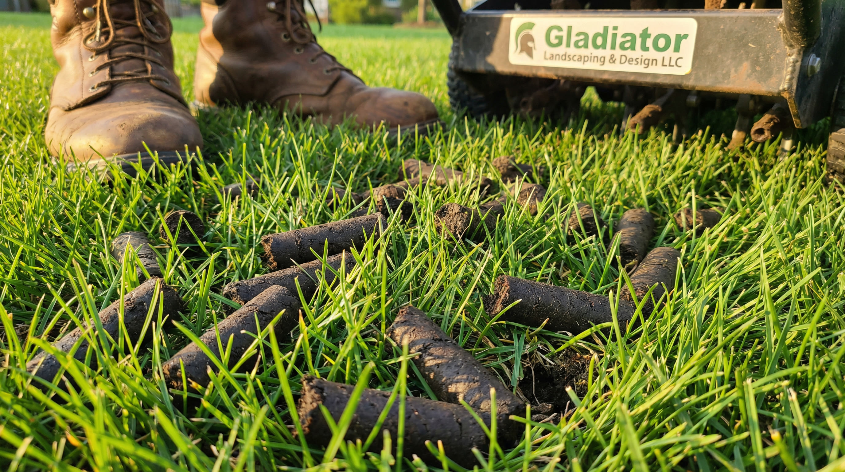 Soil cores on grass surface after aeration
