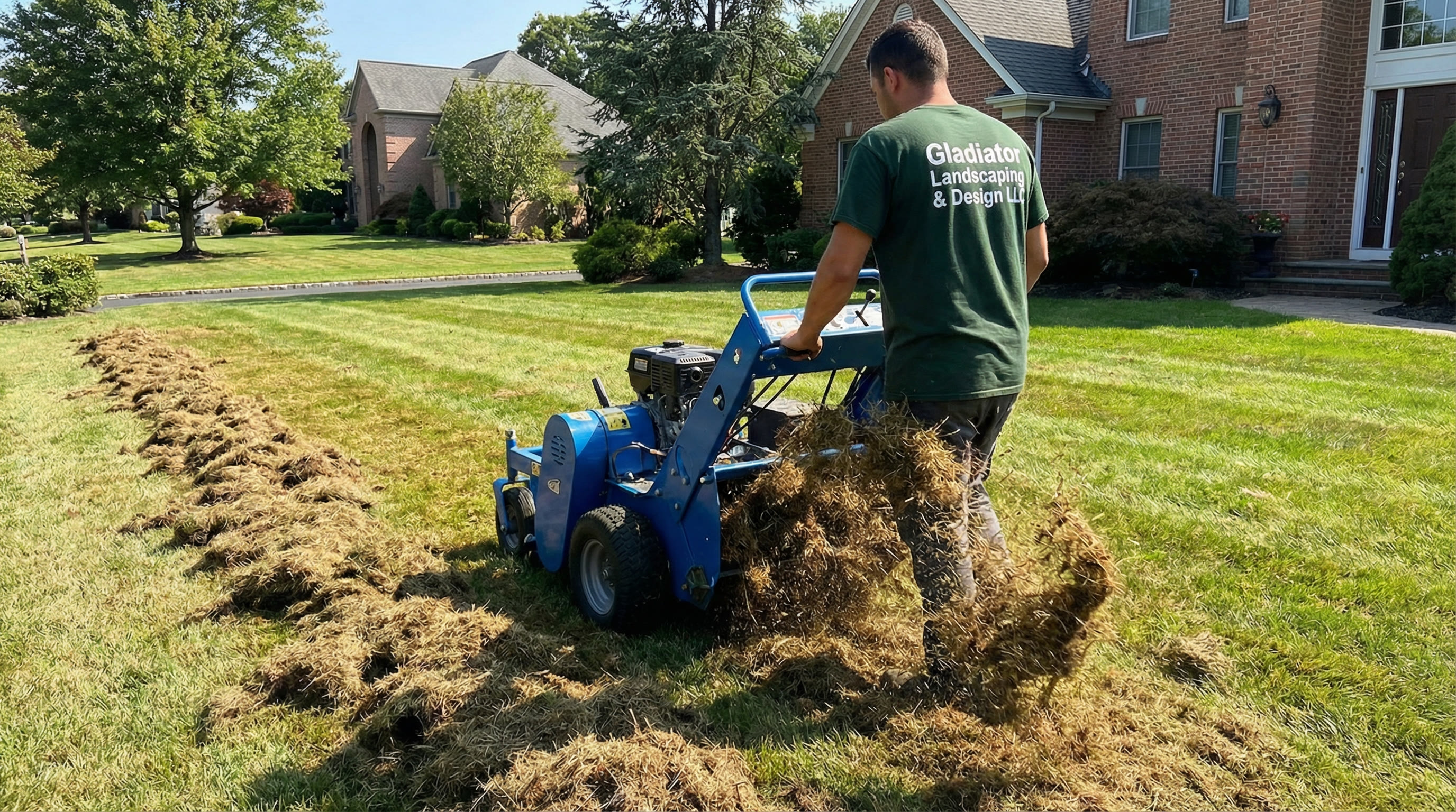 Power dethatching machine removing thatch layer