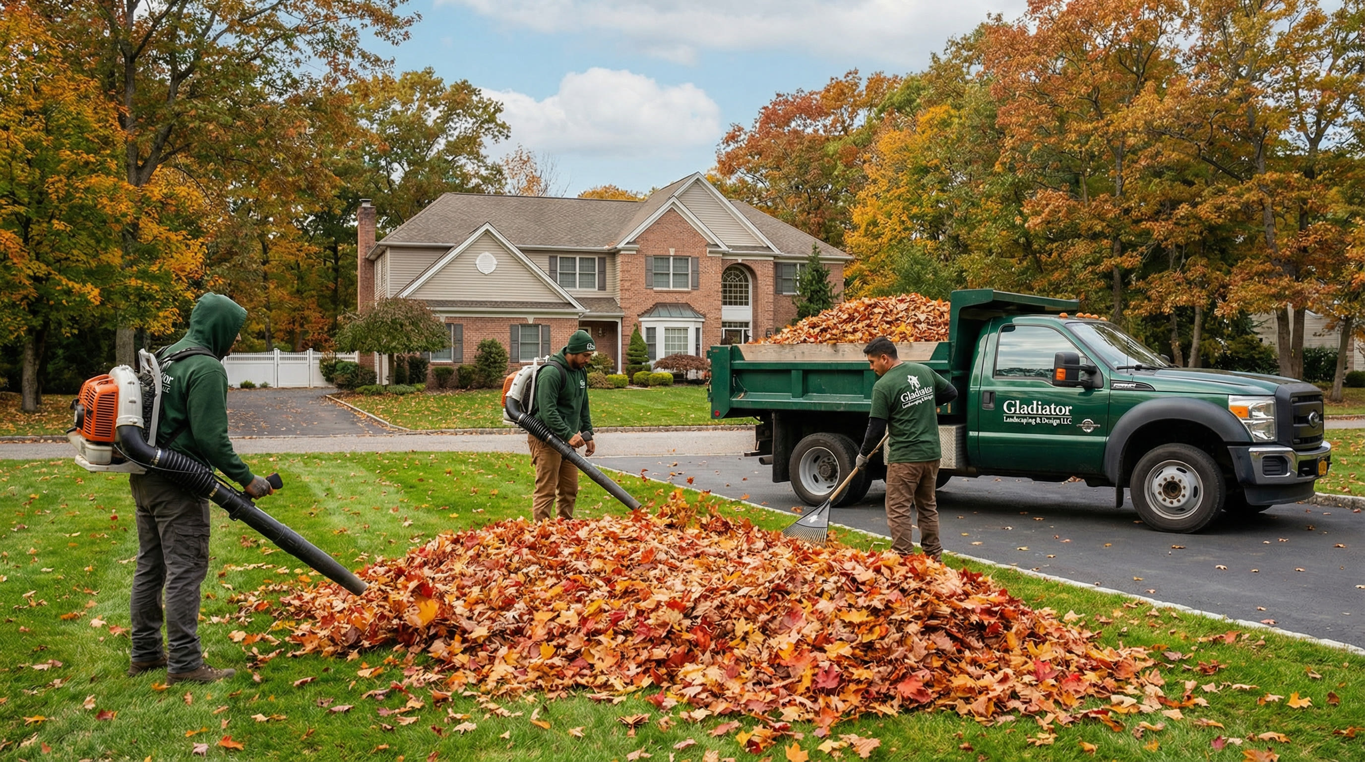 Fall leaf cleanup with commercial blowers and dump truck