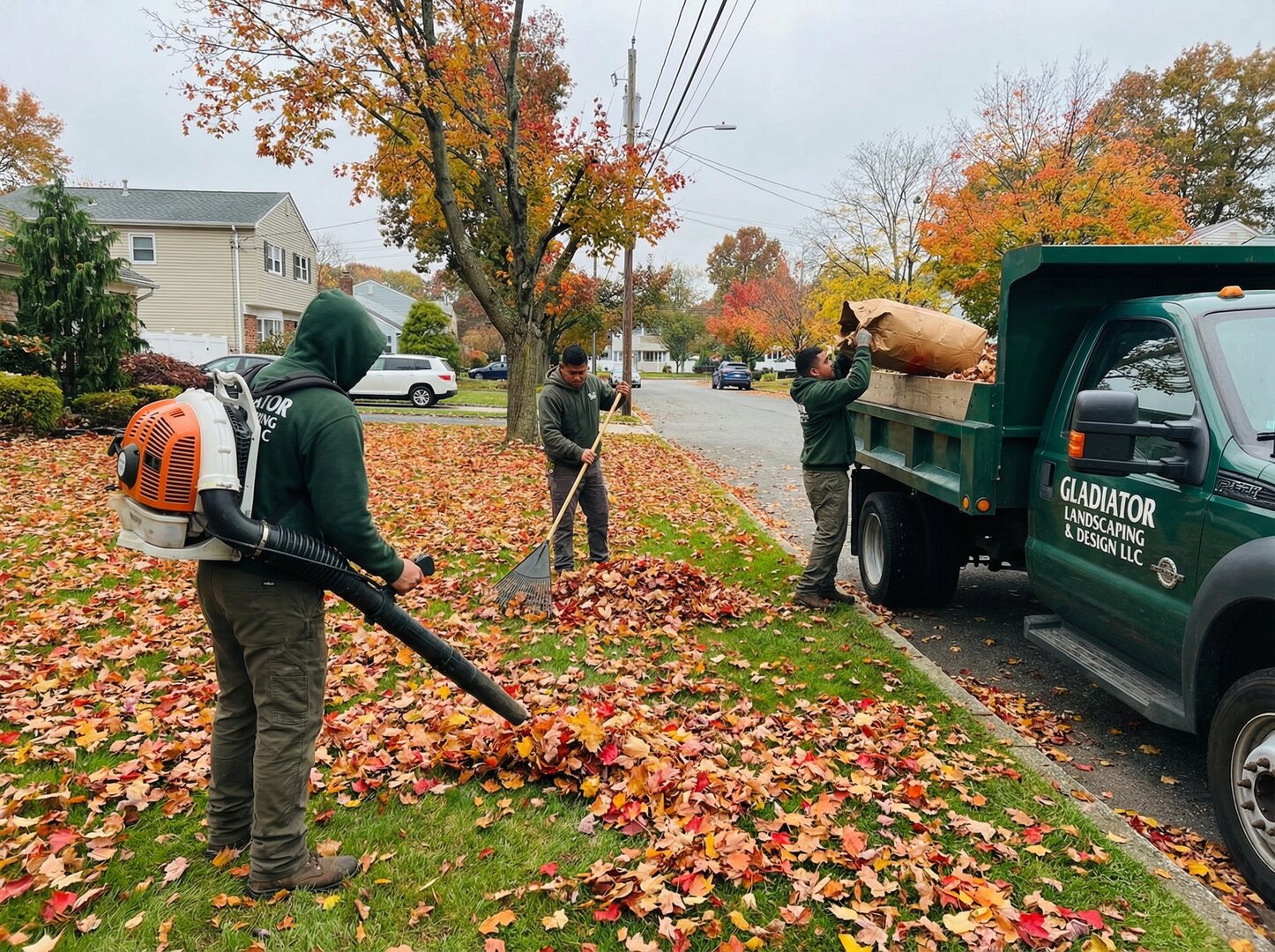 Gladiator Landscaping crew doing fall seasonal cleanup with branded dump truck