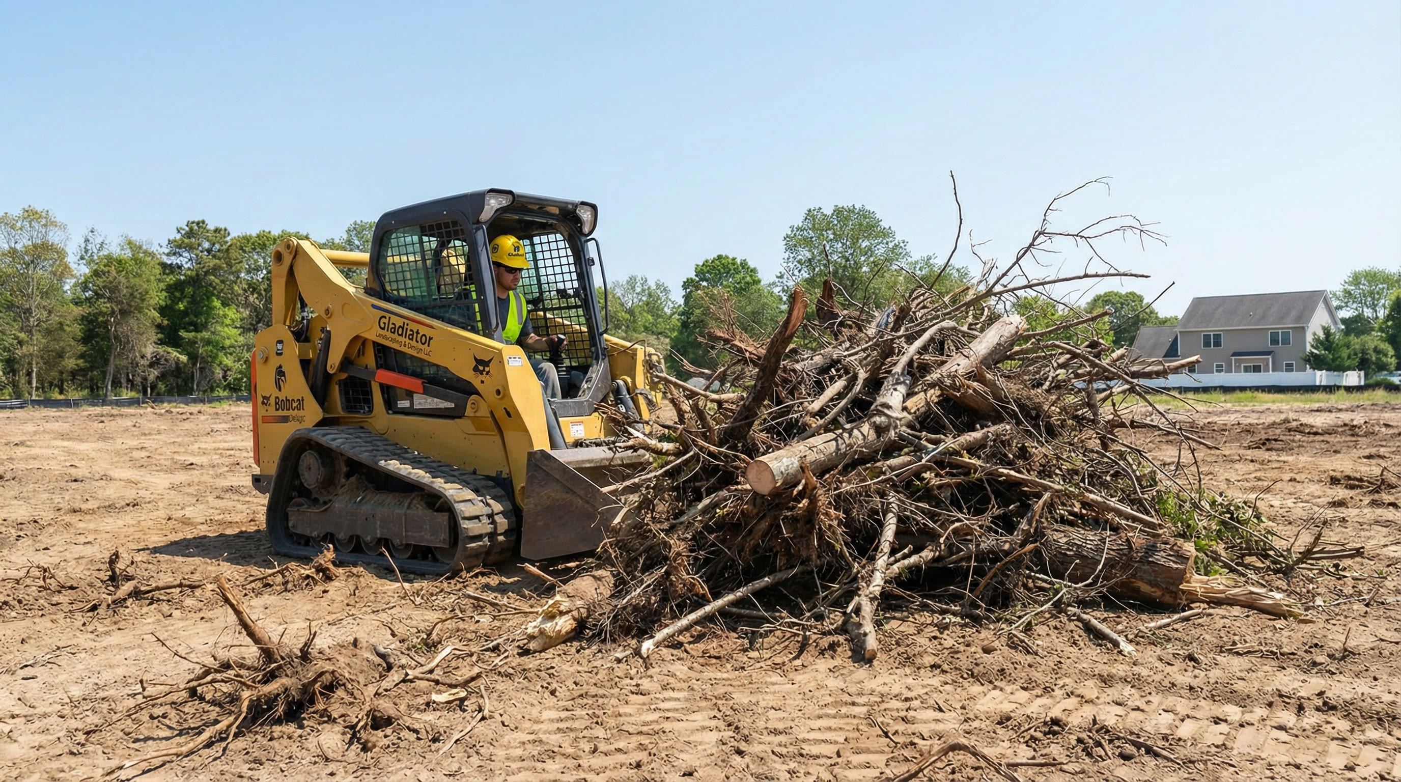 Skid steer pushing brush pile on cleared land