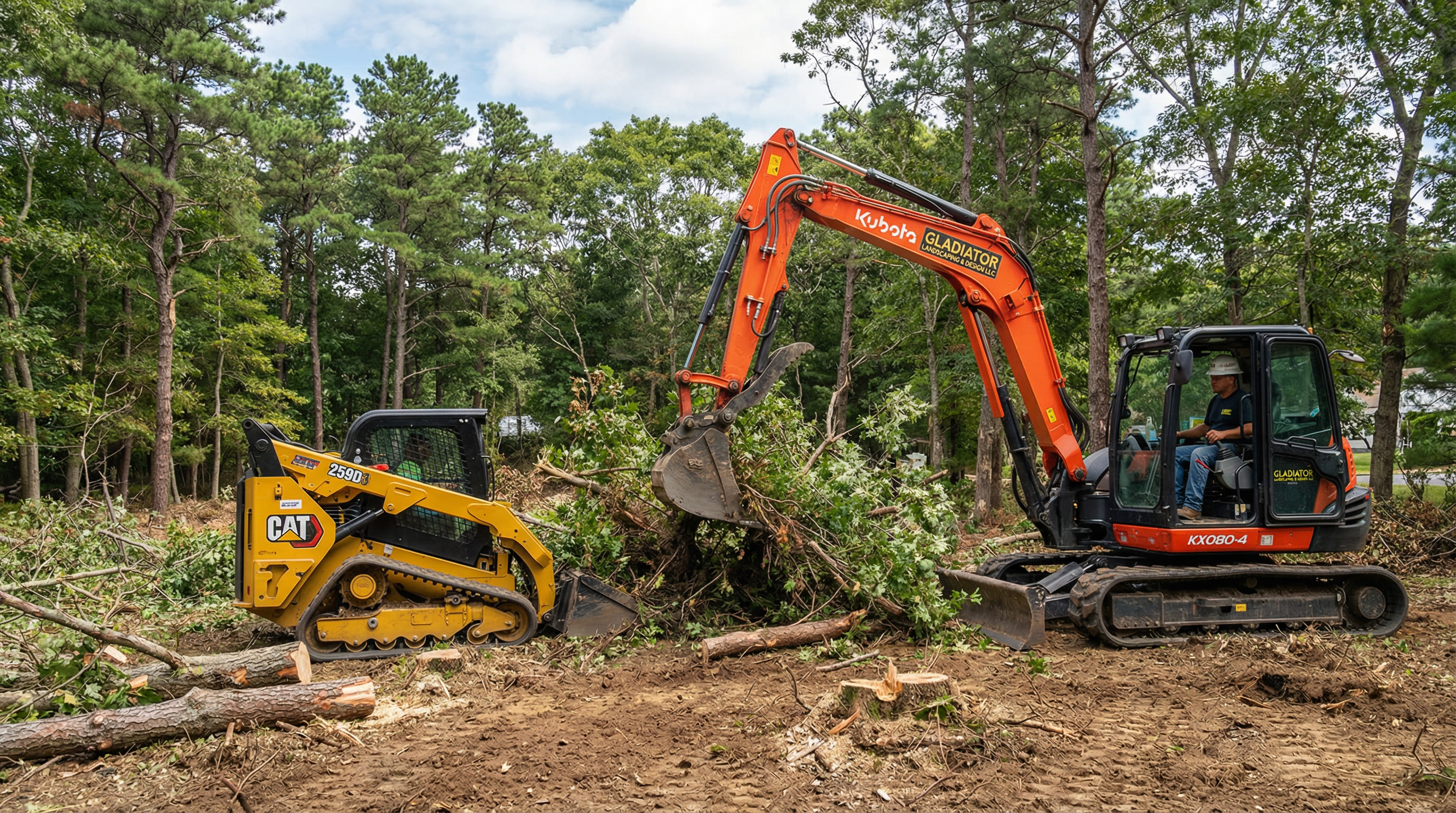 CAT skid steer and excavator clearing wooded lot