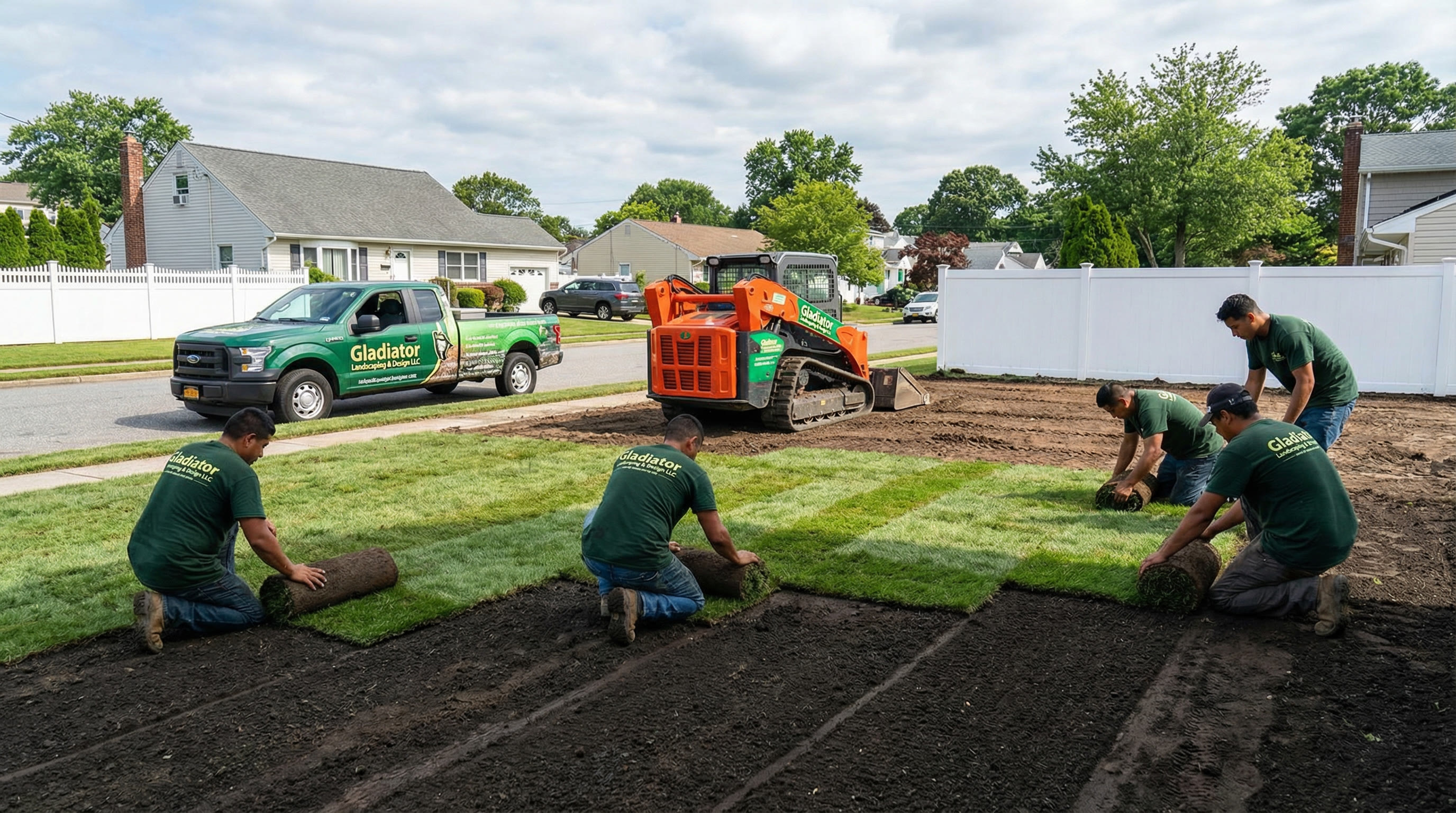 Crew laying fresh sod on newly graded lot