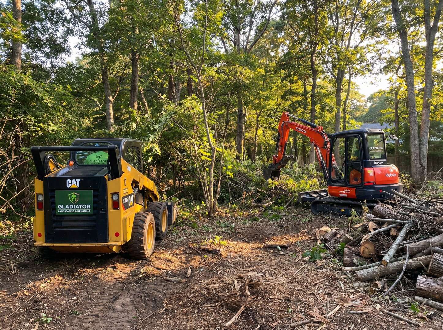 Gladiator Landscaping skid steer and excavator clearing land