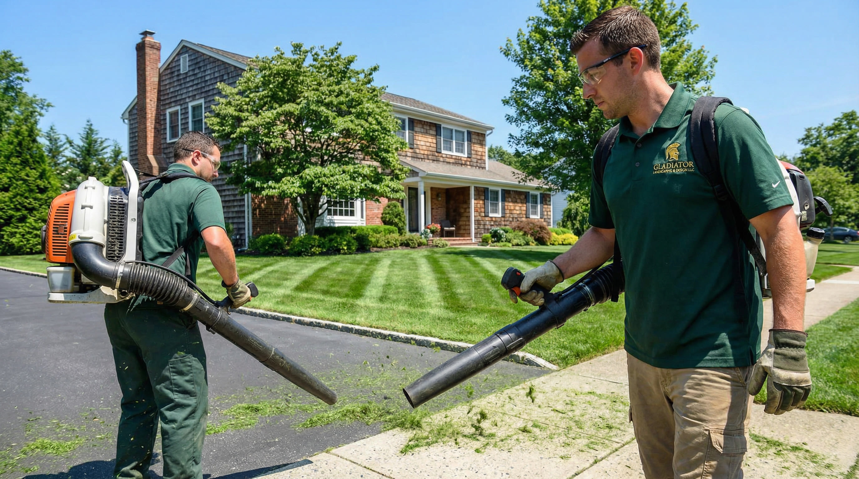 Blowing clippings from driveway after mow