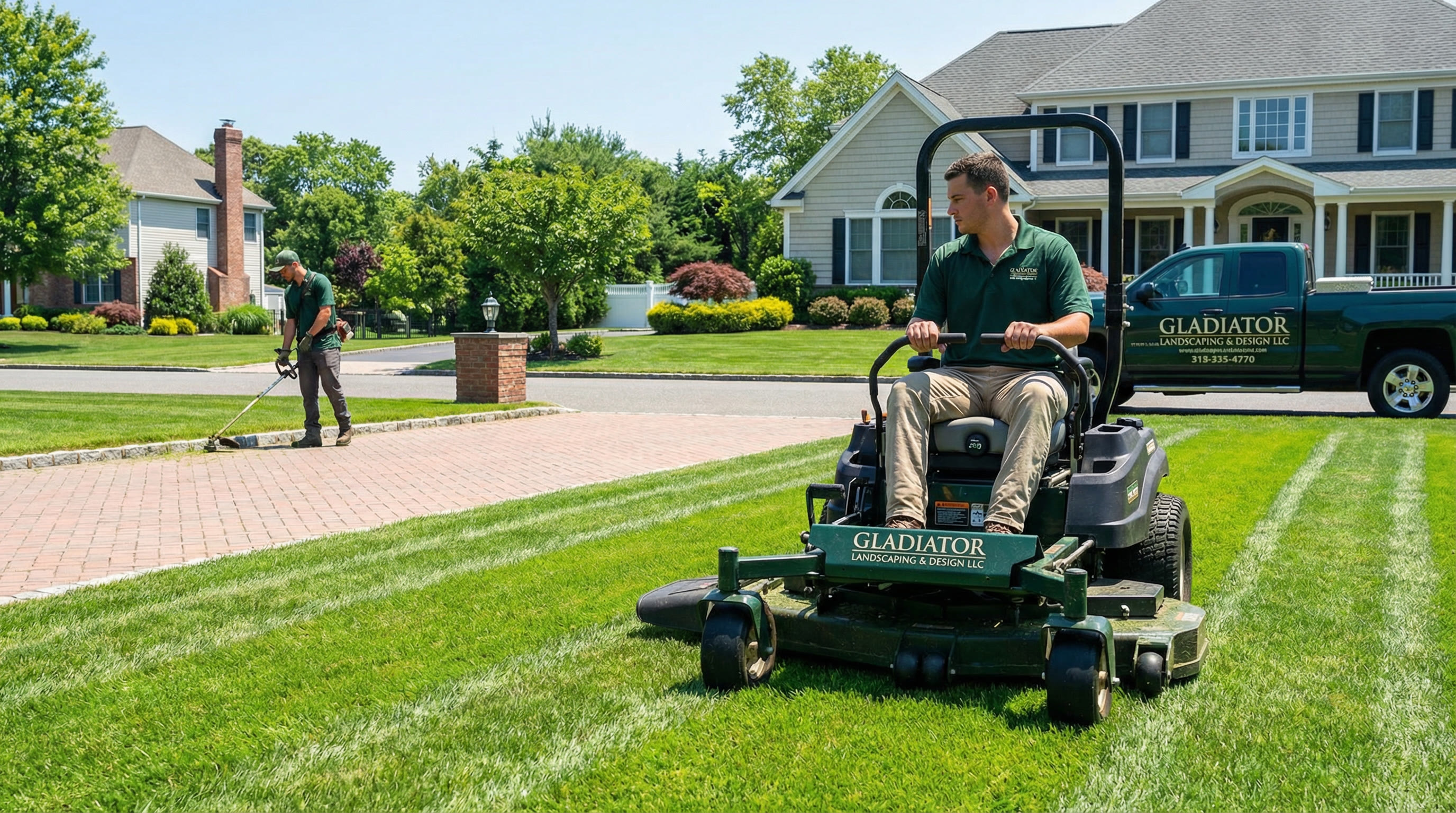 Commercial zero-turn mowing on Long Island lawn