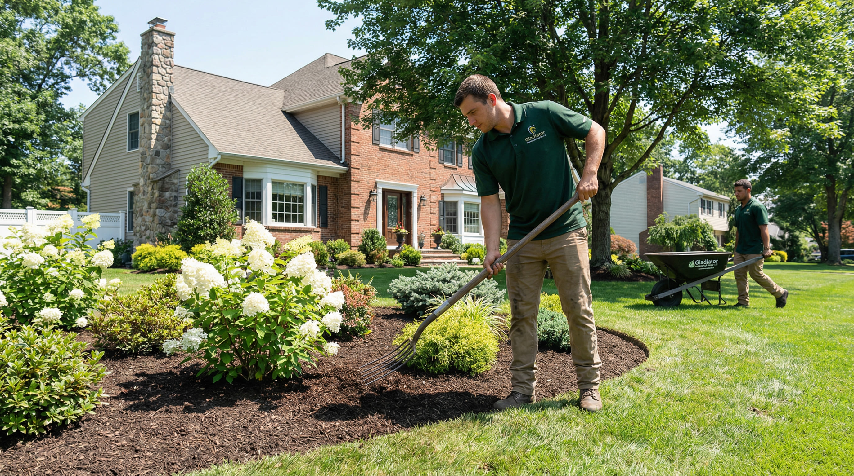 Mulch installation with branded wheelbarrow