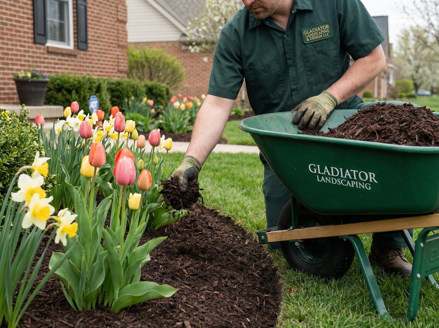 Gladiator Landscaping crew spreading mulch with branded wheelbarrow