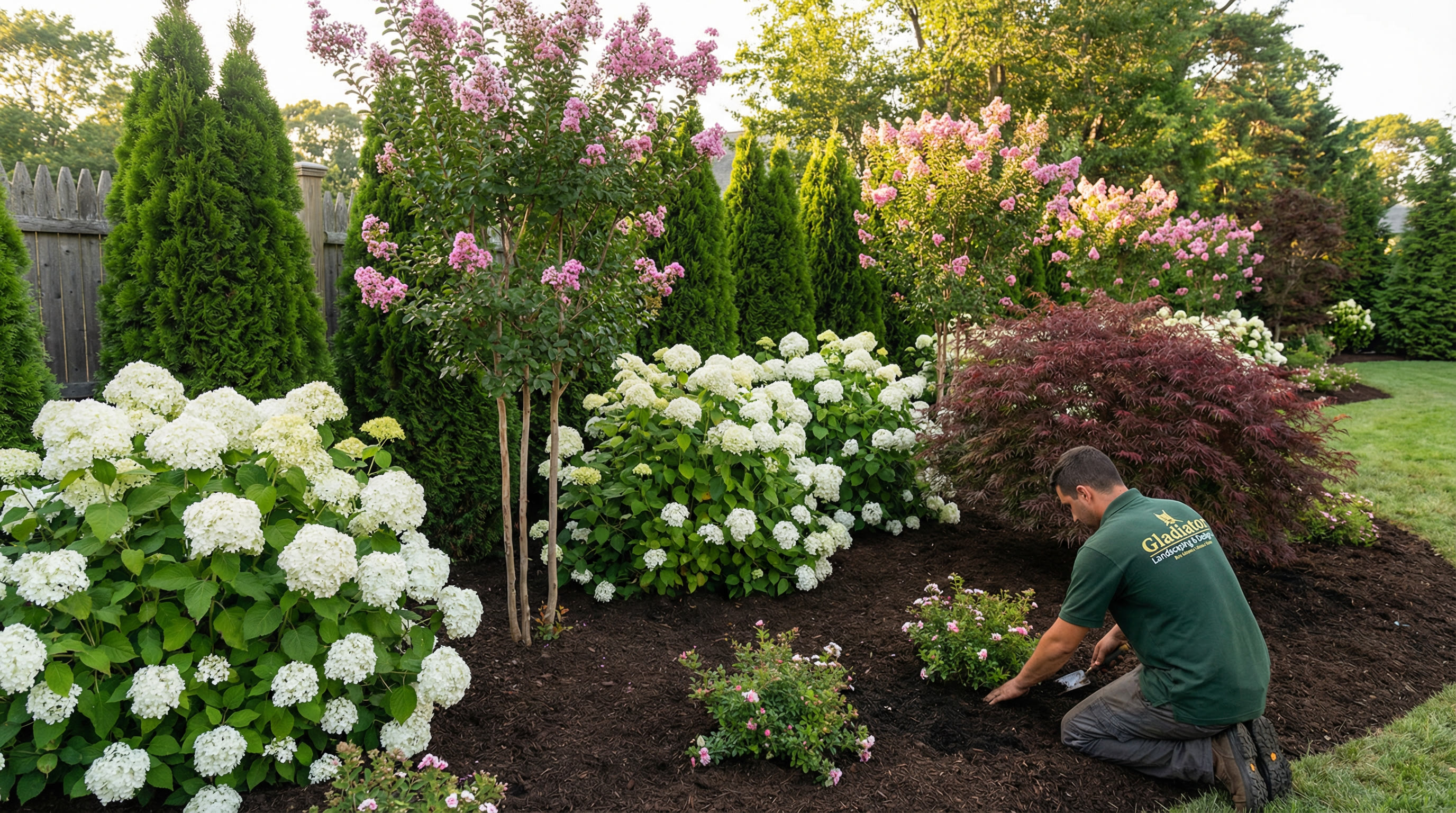 Hydrangeas, crape myrtles and arborvitaes