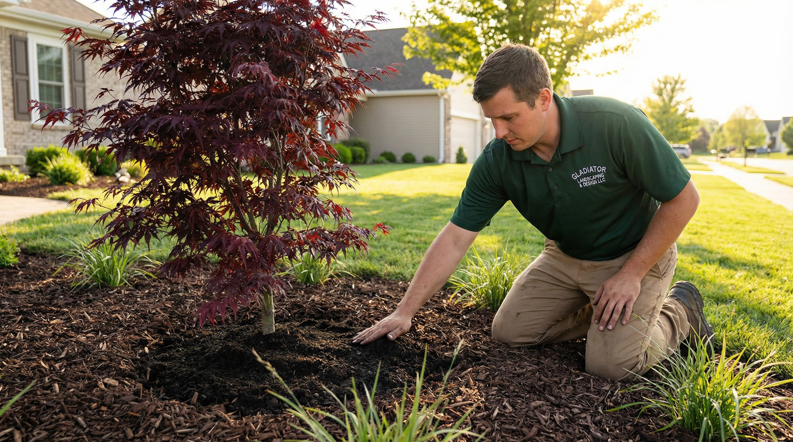 Japanese maple freshly planted in landscape bed