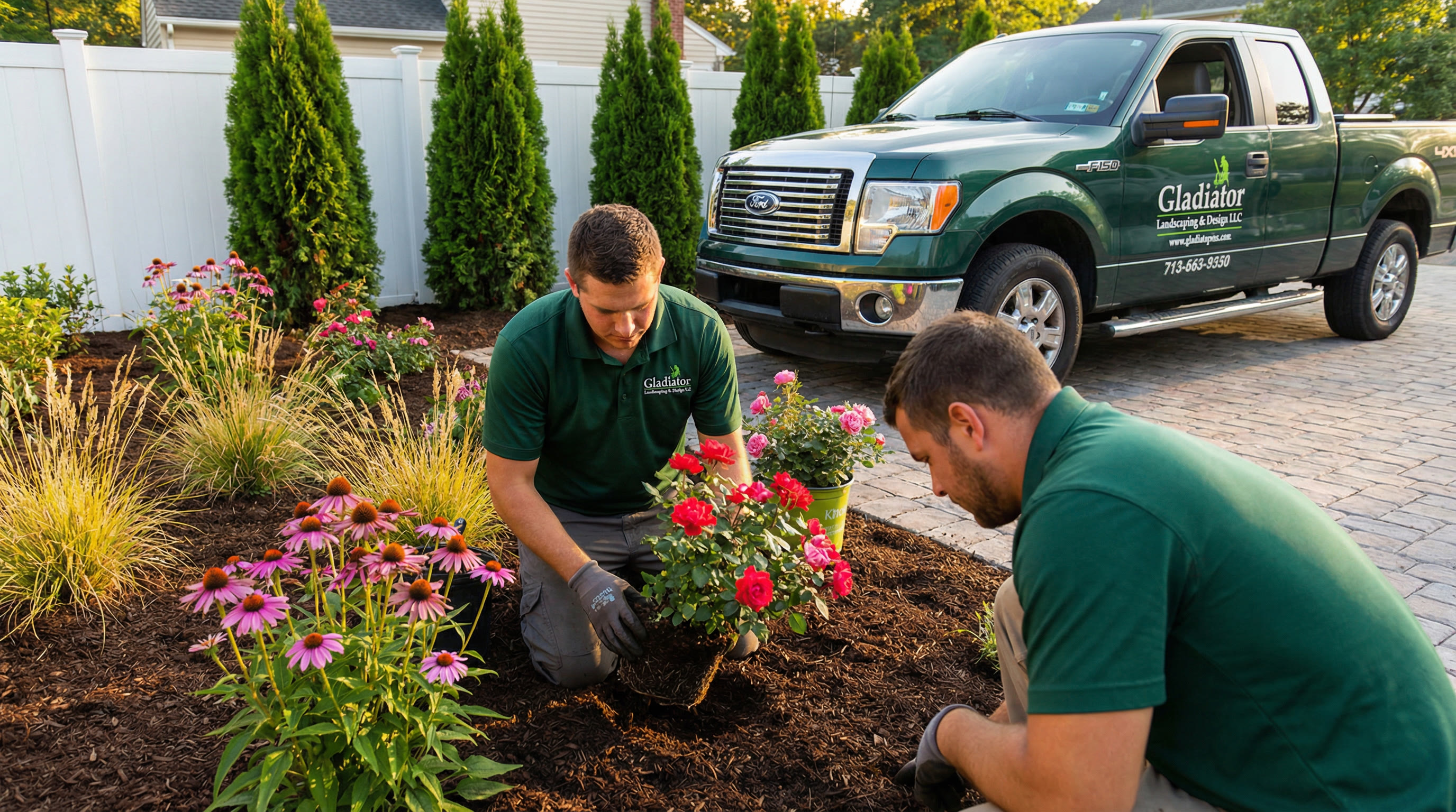 Gladiator Landscaping crew installing flowers, arborvitaes and shrubs